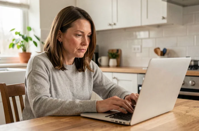 Femme créant un compte en ligne sur son ordinateur portable dans une cuisine moderne