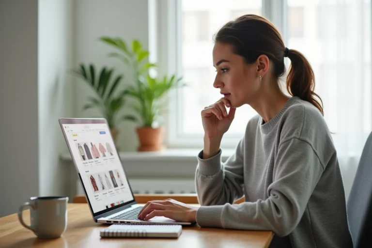Femme en train de créer un site e-commerce sur son ordinateur portable dans un bureau à domicile moderne