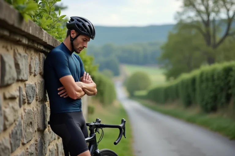 Cycliste comparant un vélo de route Triban RC 120 appuyé contre un mur en pierre en zone rurale