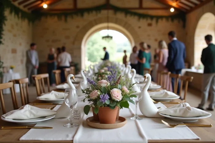 Table de réception de mariage décorée avec des roses, de l'eucalyptus et des couverts dorés vintage dans une grange en pierre rénovée