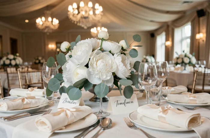 Décoration de table de mariage avec cartons de place calligraphiés, pivoines blanches et verrerie en cristal pour une cérémonie personnalisée haut de gamme