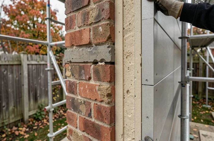 Détail en coupe d'un mur extérieur avec couches d'isolation thermique et nouveau bardage lors d'une rénovation