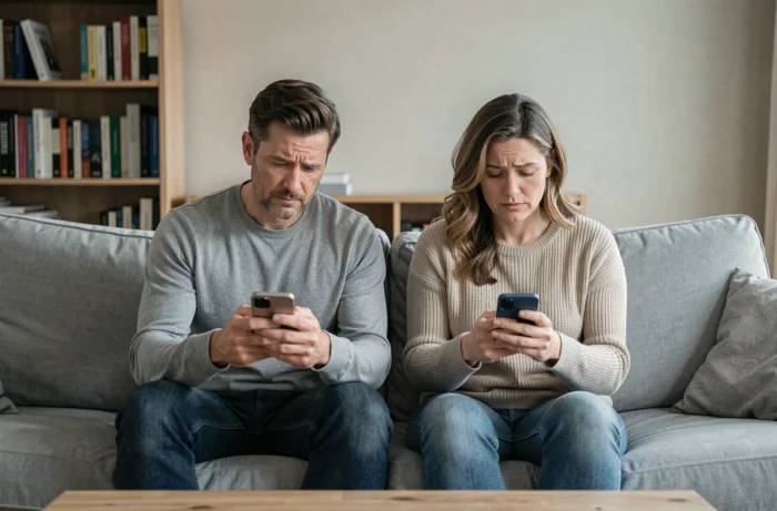 Deux parents assis sur un canapé consultant leurs smartphones pour gérer un compte familial