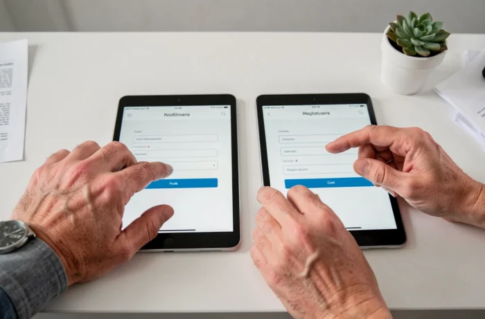 Mains de deux parents utilisant chacun une tablette pour créer un compte utilisateur
