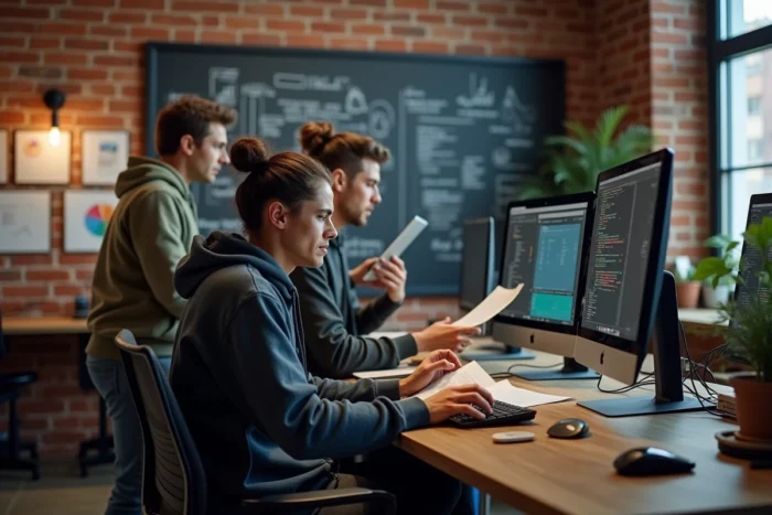 Développeurs et chef de projet IT travaillant dans un espace de co-working moderne sur des projets de transformation numérique