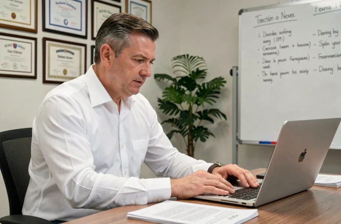 Directeur d'école concentré sur des documents administratifs et un ordinateur portable dans un bureau scolaire contemporain