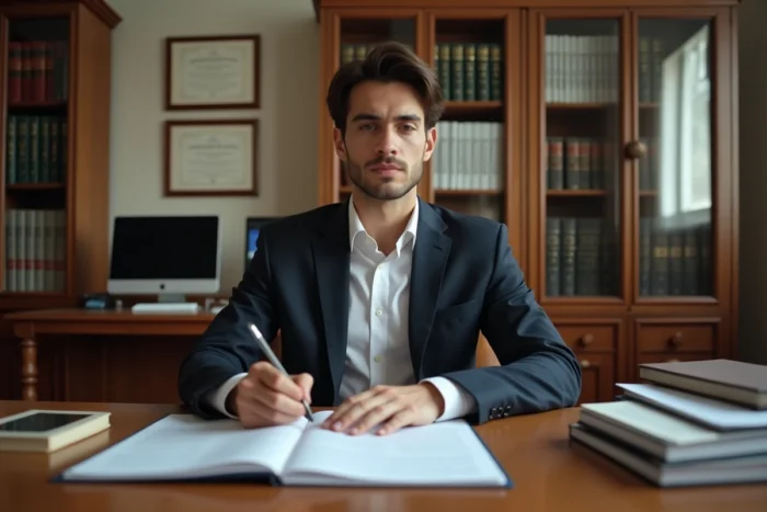 Directeur d'école analysant un rapport ministériel sur le pacte enseignant dans son bureau