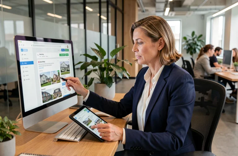 Directrice immobilière consultant l'intranet iad sur un écran de bureau dans un espace de travail moderne et collaboratif