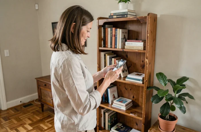 Femme photographiant une bibliothèque vintage avec son smartphone pour la donner gratuitement en ligne