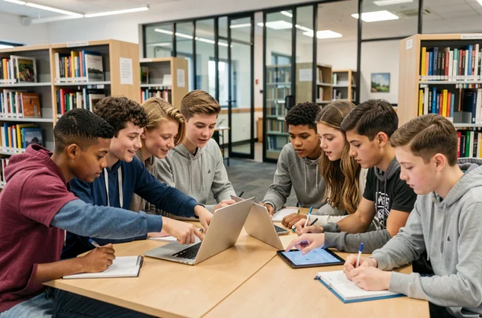Groupe d'élèves adolescents collaborant autour d'une tablette et d'un ordinateur portable dans une bibliothèque scolaire moderne
