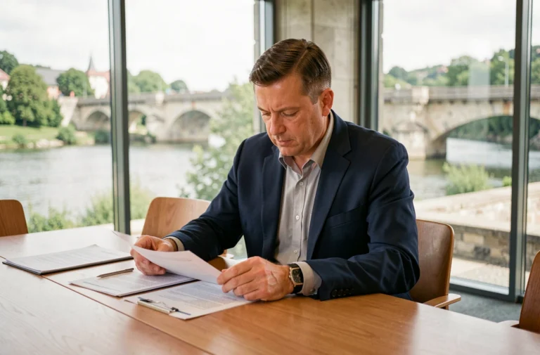Élu de la communauté de communes du Rhin consultant des documents dans une salle de réunion municipale alsacienne avec vue sur le Rhin
