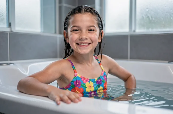 Une fillette d'environ 9 ans assise dans un jacuzzi intérieur moderne avec un maillot fleuri, expression détendue et souriante dans une salle de bain familiale