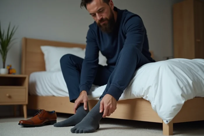 Homme adulte enfilant des chaussettes de pointure 42 assis sur le bord d'un lit dans une chambre moderne