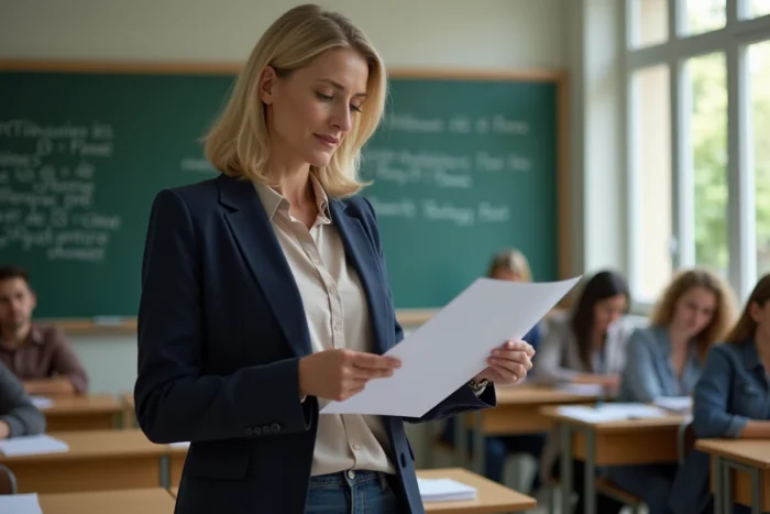 Enseignante en salle de classe examinant des documents liés au pacte enseignant 2026