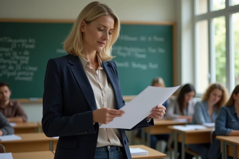 Enseignante en salle de classe examinant des documents liés au pacte enseignant 2026