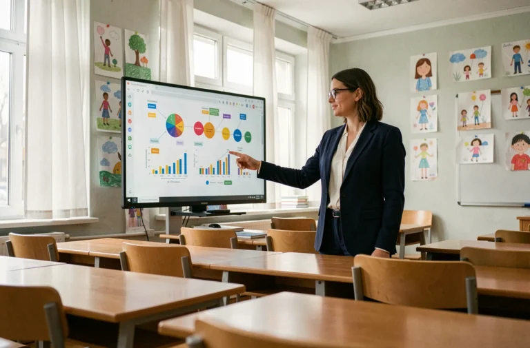 Enseignante devant un tableau interactif dans une salle de classe moderne, illustrant les innovations pédagogiques en éducation