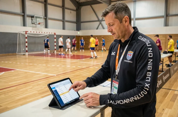 Entraîneur de handball consultant une application de gestion d'équipe sur tablette lors d'une séance d'entraînement en salle