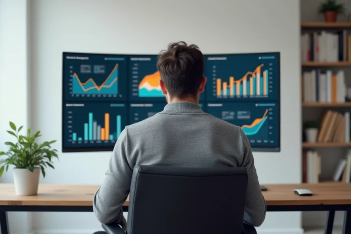 Entrepreneur analysant des indicateurs de performance et des données de croissance sur un écran dans un bureau moderne à domicile