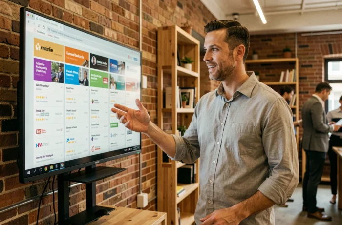Entrepreneur présentant un annuaire professionnel en ligne sur grand écran tactile dans un espace de coworking moderne