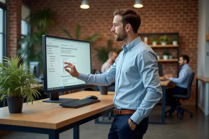 Entrepreneur masculin configurant une boutique en ligne sur grand écran dans un espace de coworking
