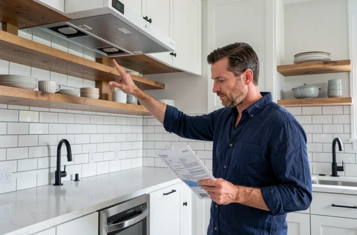 Homme consultant une brochure devant un équipement fixe installé dans une cuisine contemporaine moderne