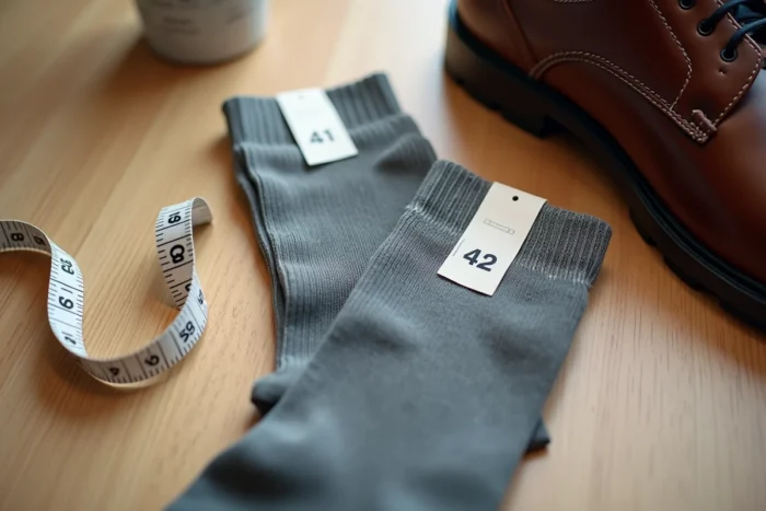 Étiquette de taille chaussettes EU 42 posée sur une table en bois avec un mètre ruban et une chaussure homme