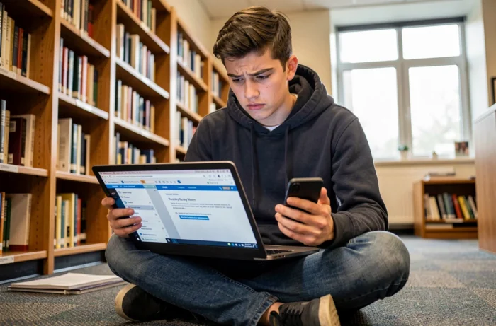 Étudiant cherchant comment récupérer ses messages sur le webmail Nantes avec un téléphone et un ordinateur portable