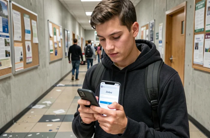 Étudiant consultant sa messagerie Zimbra universitaire sur smartphone dans un couloir du campus