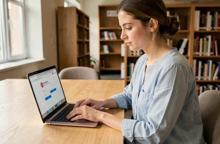 Étudiante connectée à Zimbra sur son ordinateur portable dans une bibliothèque universitaire moderne