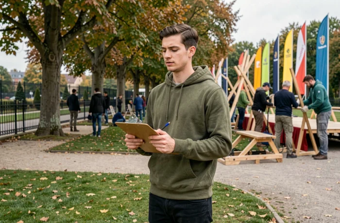 Organisateur supervisant la mise en place d'un événement culturel au Parc du Thabor à Rennes