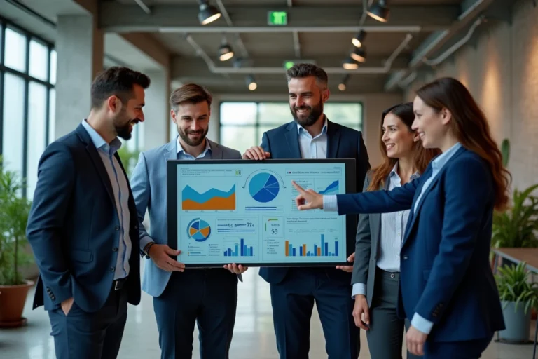 Équipe d'experts IT collaborant autour d'un écran tactile avec des tableaux de bord digitaux dans un bureau moderne