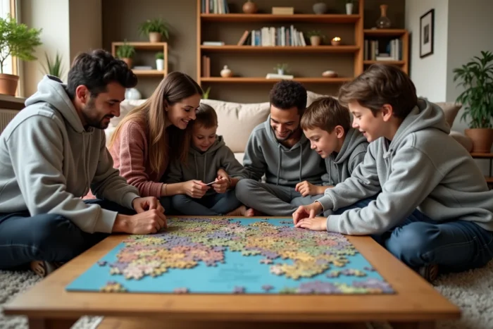Famille réunie autour d'un puzzle dans un salon moderne et chaleureux un jour de repos