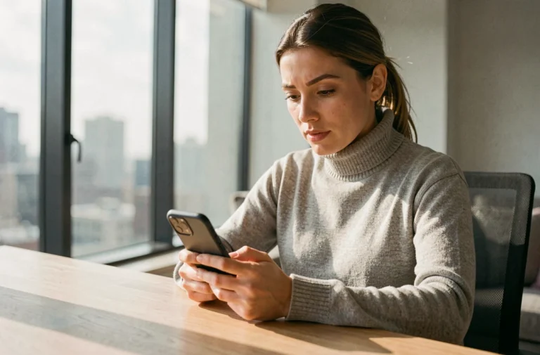 Femme consultant les dernières actualités tendances sur son smartphone dans un appartement moderne