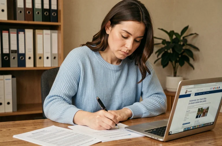Femme remplissant une attestation de loyer CAF à son bureau à domicile avec un ordinateur portable