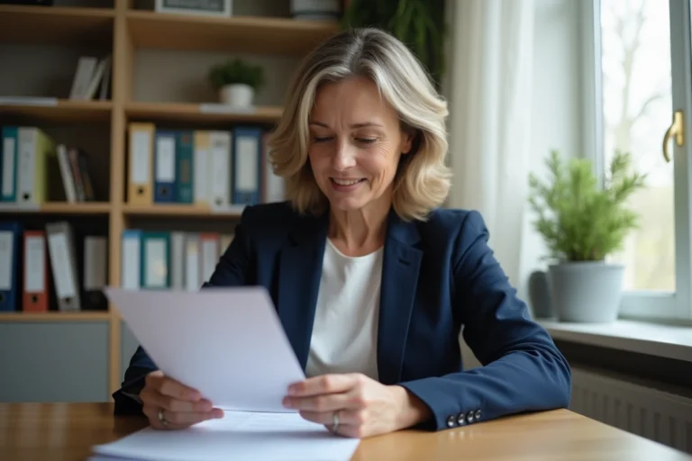 Femme consultant un avis favorable de commission d'attribution de logement à son bureau
