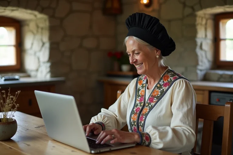 Femme bretonne en costume traditionnel consultant une plateforme culturelle en ligne sur un ordinateur portable dans une ferme en pierre