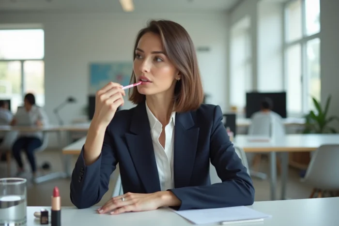 Femme en bureau moderne interrompant l'application de son gloss à lèvres avec une expression pensive, environnement de travail minimaliste et contemporain