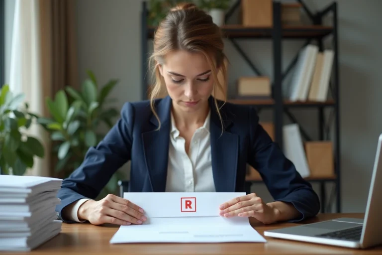 Femme professionnelle scellant une lettre recommandée R2 dans un bureau moderne