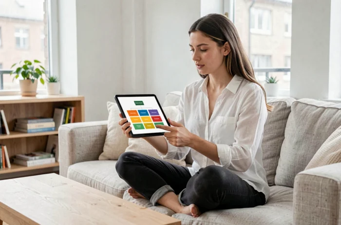 Jeune femme assise sur un canapé consultant l'arborescence des catégories d'un site web sur une tablette numérique