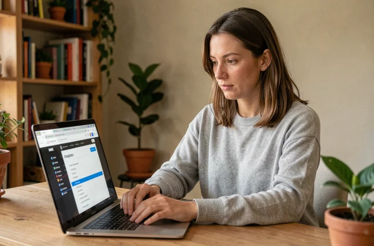 Femme consultant le plan du site Elle Imagine sur un ordinateur portable dans un bureau à domicile