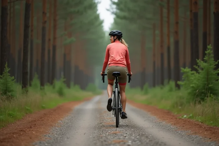 Femme cycliste sur un vélo gravel GRVL 120 sur un chemin de forêt en gravier
