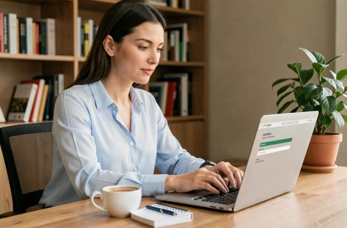 Femme utilisant un ordinateur portable pour faire une demande de micro crédit en ligne depuis son bureau à domicile