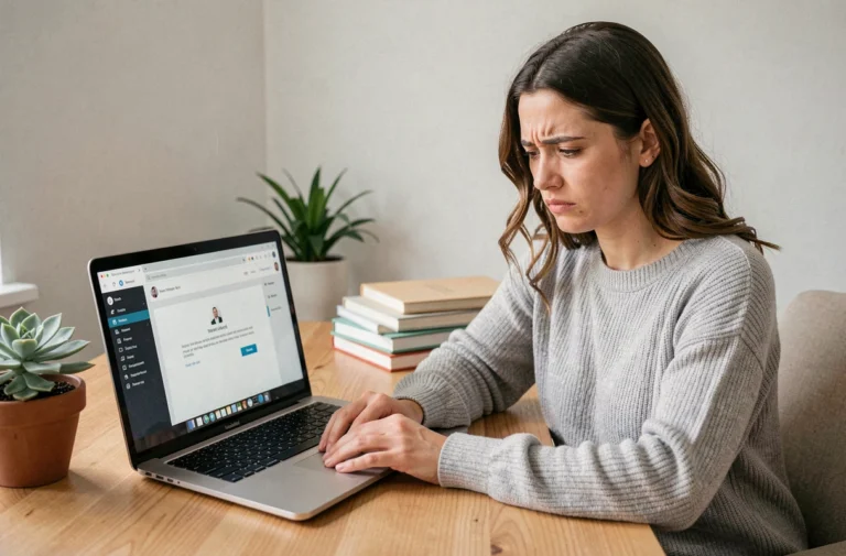 Femme consultant son webmail Nantes sur un ordinateur portable et faisant face à un message d'erreur