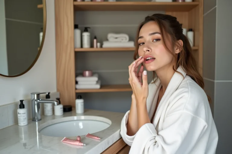 Jeune femme examinant ses lèvres dans un miroir de salle de bain entouré de tubes de gloss, expression préoccupée, ambiance naturelle et réaliste