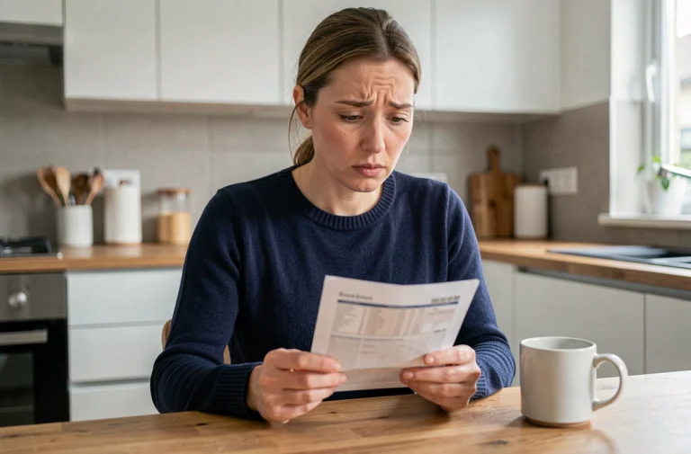 Femme inquiète examinant un relevé bancaire avec un prélèvement inconnu à son domicile
