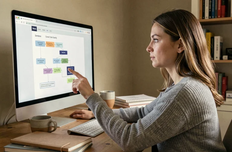 Femme explorant la structure d'un site web sur un grand écran d'ordinateur dans un bureau à domicile organisé