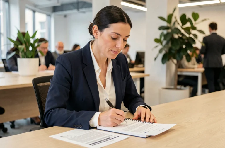 Femme professionnelle consultant des documents de formation continue dans un bureau moderne en France