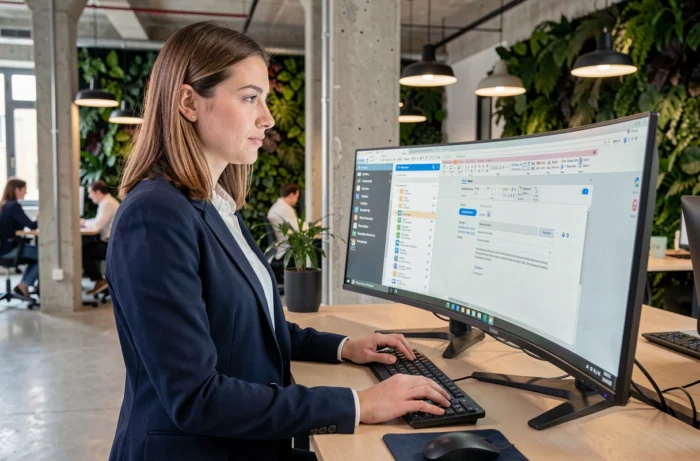 Jeune femme professionnelle gérant ses dossiers de webmail sur deux écrans dans un espace de coworking