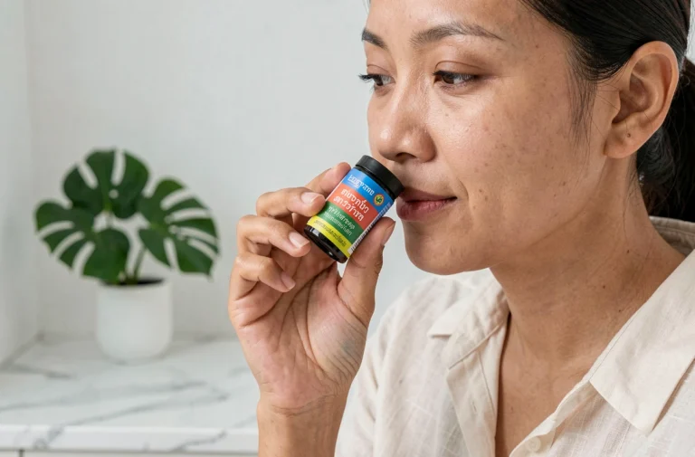 Femme tenant un inhalateur Yadom thaïlandais près de son nez dans un espace bien-être minimaliste