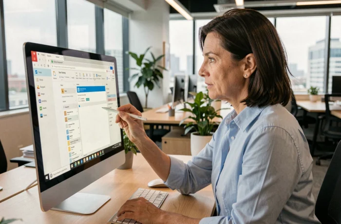 Femme utilisant une interface de webmail sur un ordinateur de bureau dans un bureau moderne